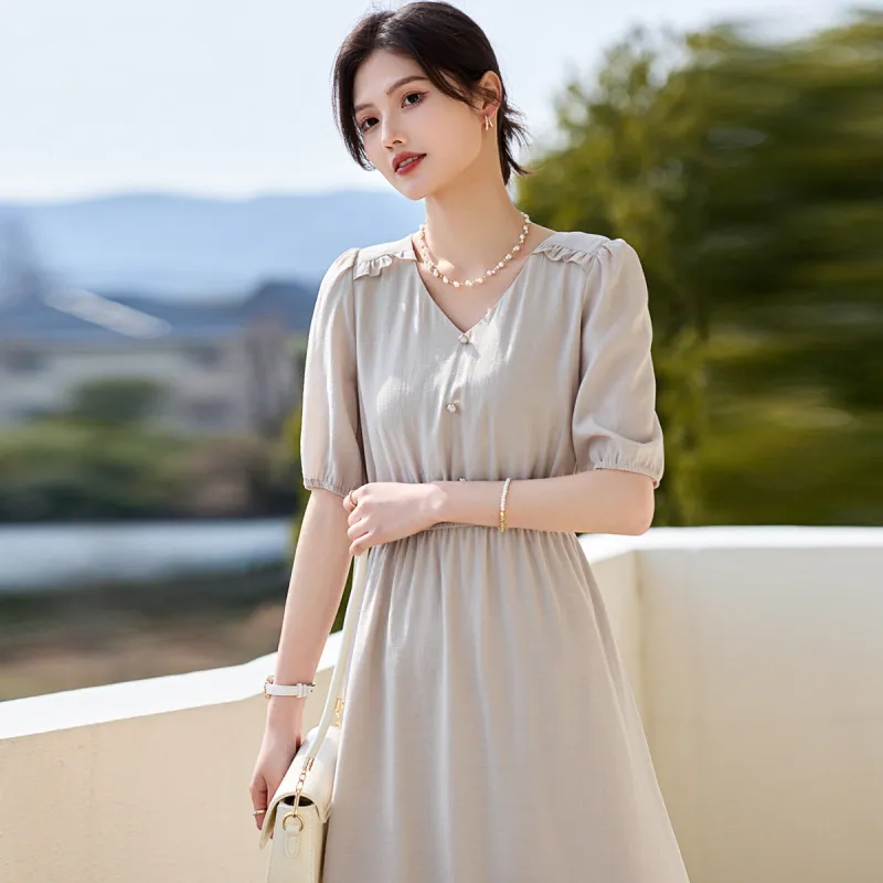 Still Quiet Short Sleeved Dress Women's Light Khaki-3