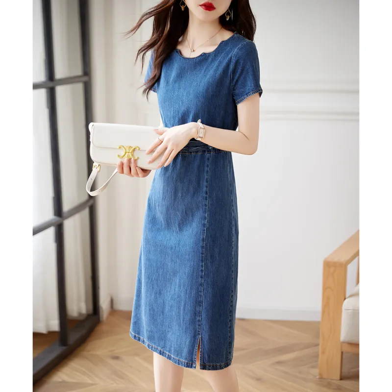 Still Quiet Short Sleeved Dresses Women's Denim Blue-5