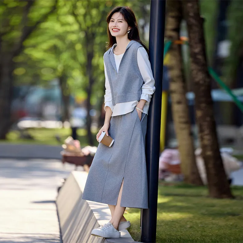 Still Quiet Midi Skirt Set Women's Gray+White-4
