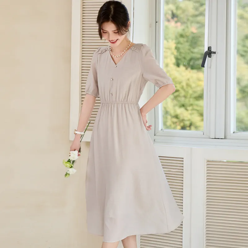 Still Quiet Short Sleeved Dress Women's Light Khaki-6