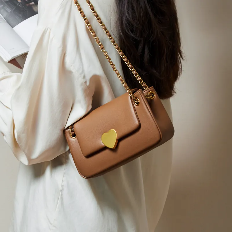 15 MINS Cow Leather Heart Shaped Shoulder Bag Crossbody Bag Small Size Women's Ecru/Midnight Black/Caramel Brown-10