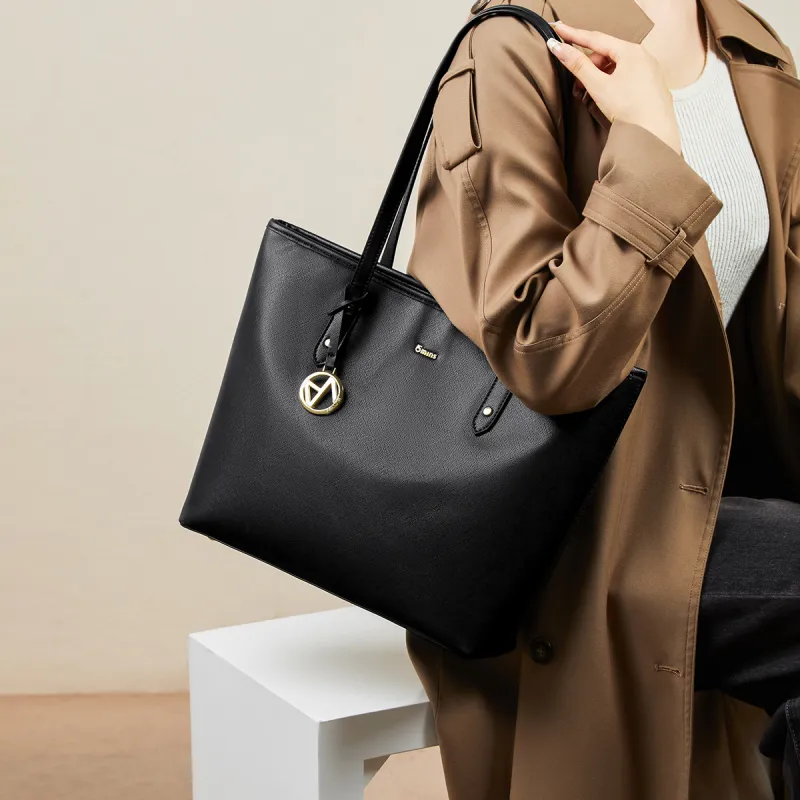 15 MINS Synthetic Leather Tote Bag, Shopping Bag, Handbag, Shoulder Bag Women's Midnight Black-3