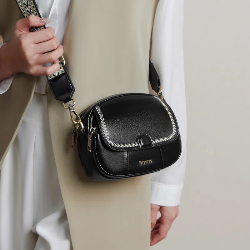 15 MINS Cow Leather With Synthetic Leather Small Round Bag, Crossbody Bag, Shoulder Bag Women's Night Black-4