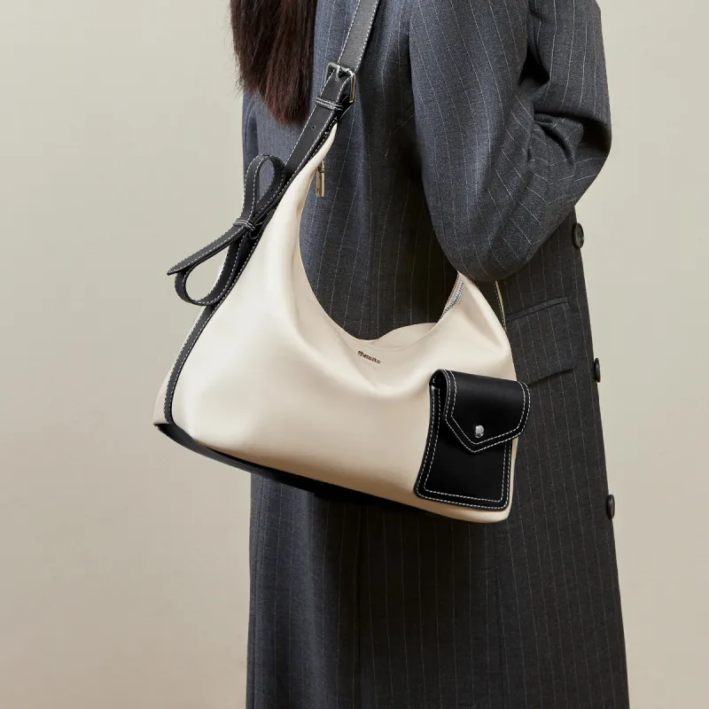 15 MINS Cow Leather Patchwork Synthetic Leather Tote Bag Shopping Bag Crossbody Bag Shoulder Bag Women's Ecru & Black-3