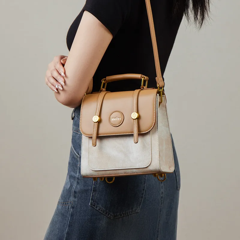 15 MINS Synthetic Leather Backpack Women's Khaki & Black/Beige White & Apricot-7