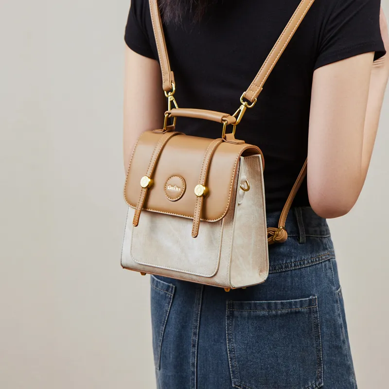 15 MINS Synthetic Leather Backpack Women's Khaki & Black/Beige White & Apricot-5