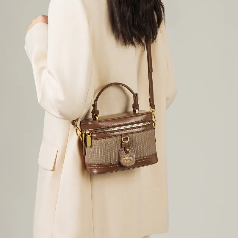15 MINS Synthetic Leather Box Bag Handbag Crossbody Bag Shoulder Bag Mini Women's Ecru & Coffee/Black/Coffee-11