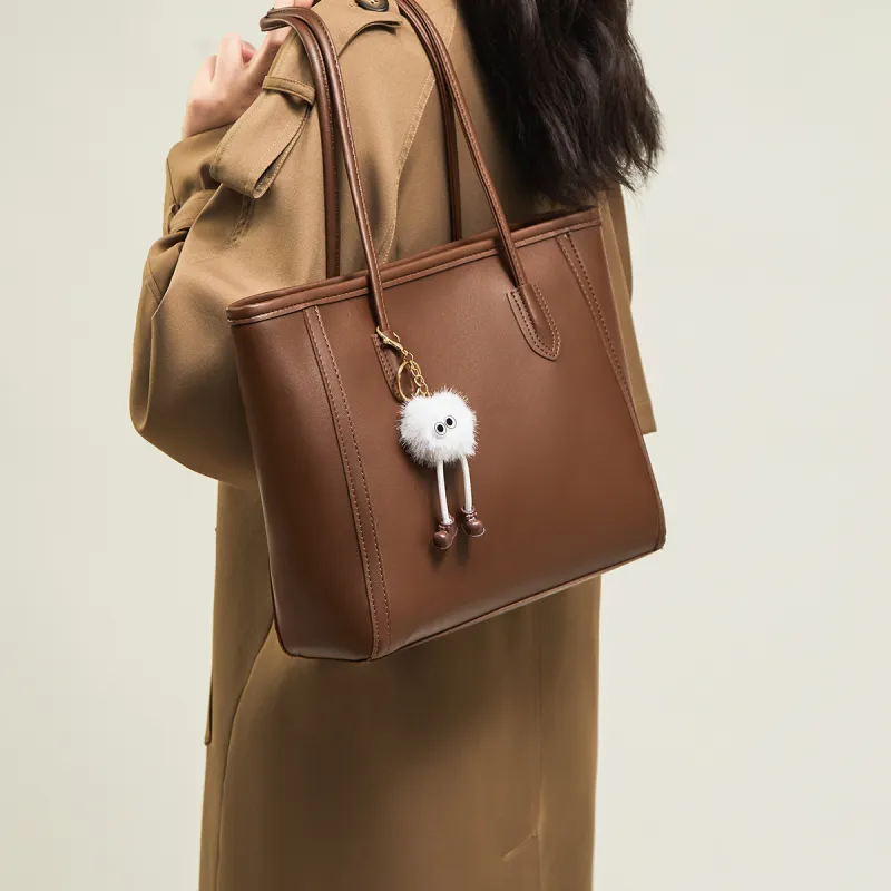15 MINS Synthetic Leather Shoulder Bag Large Size Women's Khaki/Brown-5