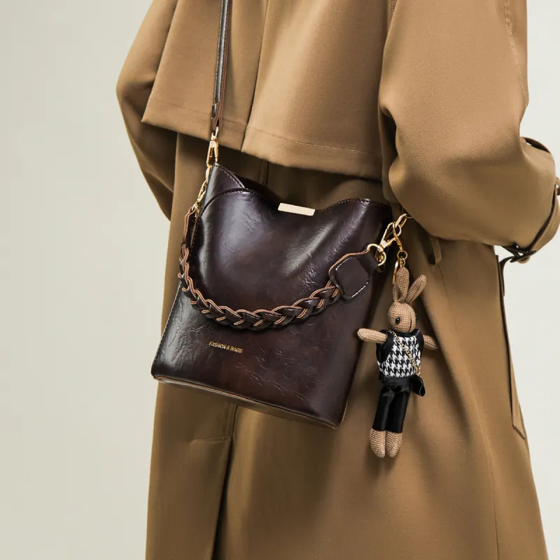 15 MINS Synthetic Leather Bucket Bag, Shoulder Bag, Crossbody Bag Regular Women's Coffee/Black-2
