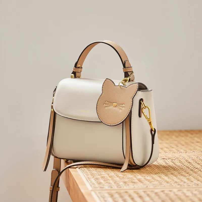 15 MINS Cow Leather Small Cat Pendant Square Bag Crossbody Bag Shoulder Bag Handbag Small Size Women's Ecru-7