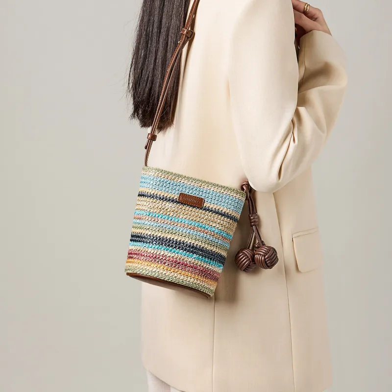 15 MINS Synthetic Leather Bucket Bag, Crossbody Bag Mini Women's Multicolor-3