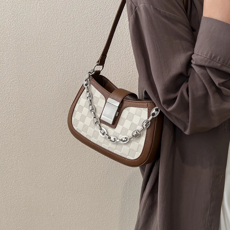 15 MINS Cow Leather Shoulder Bag Medium Size Women's White & Brown/Brown-1