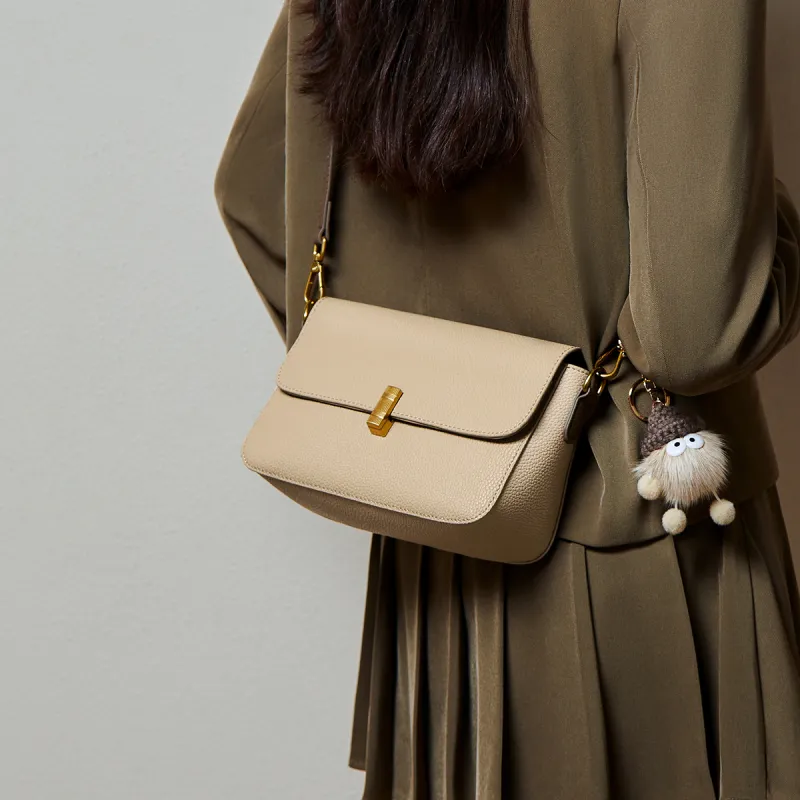 15 MINS Cow Leather Shoulder Bag Crossbody Bag Small Square Bag Regular Women's Cream Apricot-4