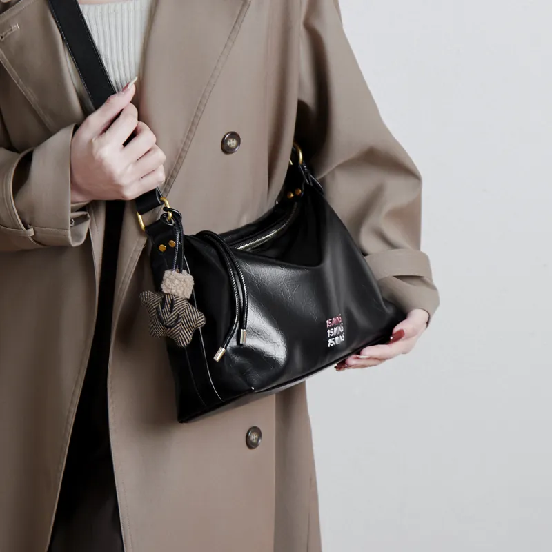 15 MINS Synthetic Leather Shoulder Bag Crossbody Bag Medium Size Women's Macaron Beige/Midnight Black/Ecru-6