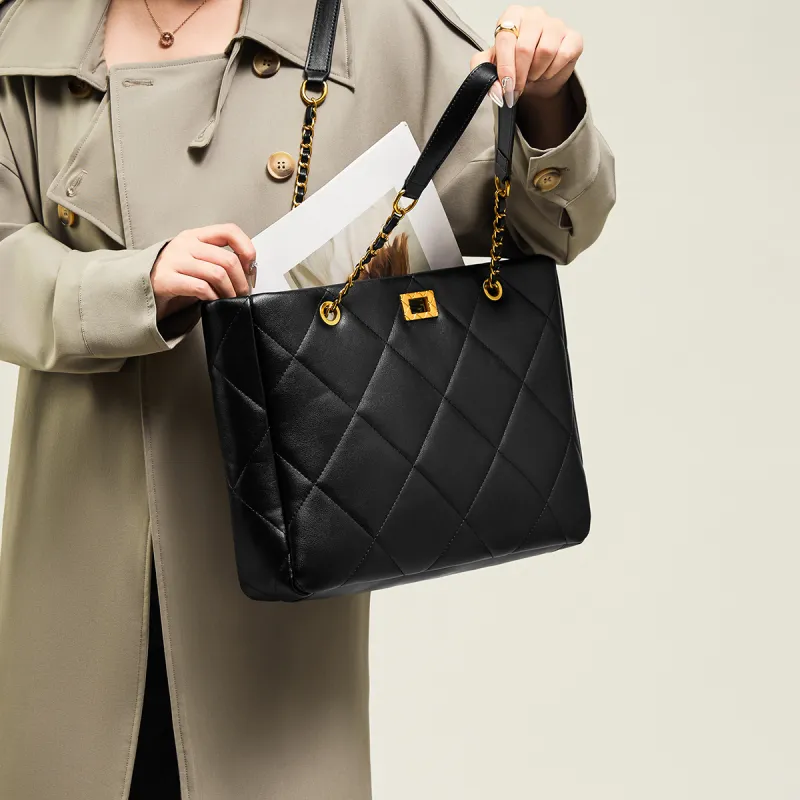 15 MINS Cow Leather Patchwork Synthetic Leather Tote Bag Shopping Bag Shoulder Bags Regular Women's Midnight Black-4