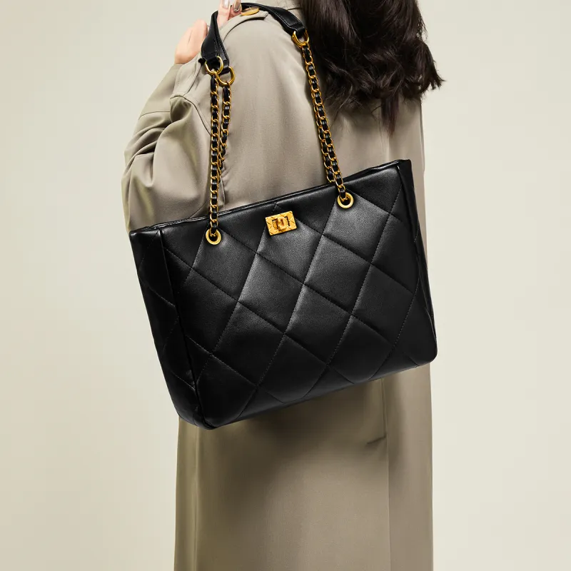 15 MINS Cow Leather Patchwork Synthetic Leather Tote Bag Shopping Bag Shoulder Bags Regular Women's Midnight Black-2