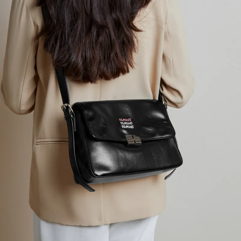 15 MINS Synthetic Leather Tote Bag Elegance Fashion Advanced Feminine Crossbody Bag Shoulder Bag Women's Black-3