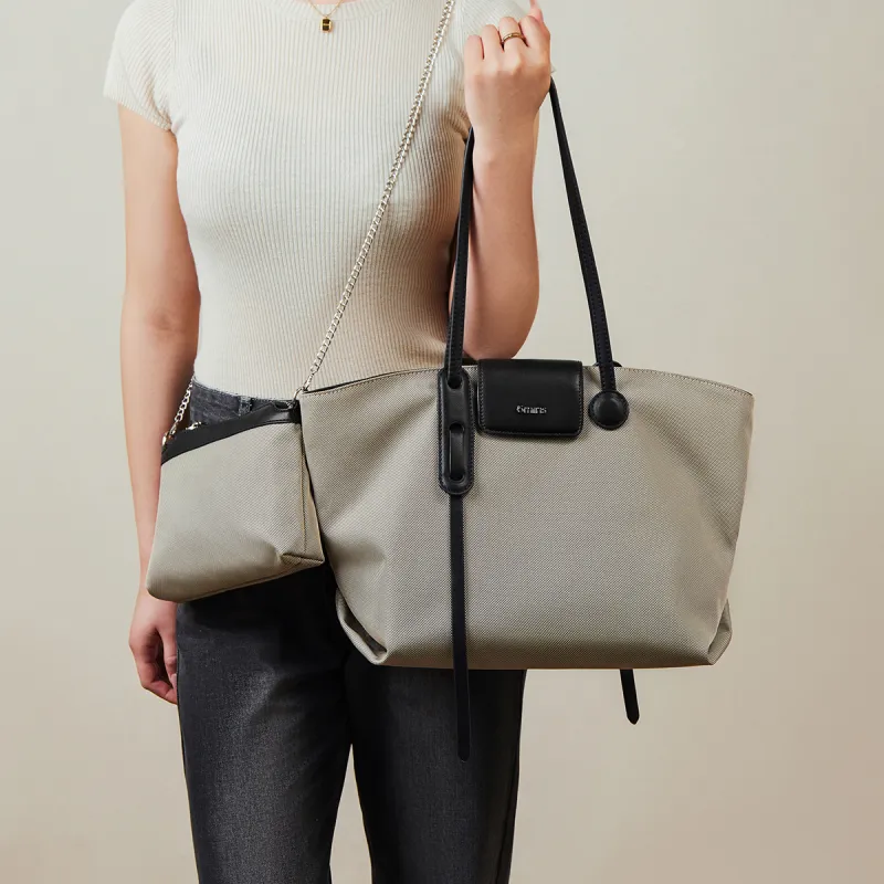 15 MINS Fabric With Synthetic Leather Shoulder Bags Handbags Large Size Women's Khaki/Black-3