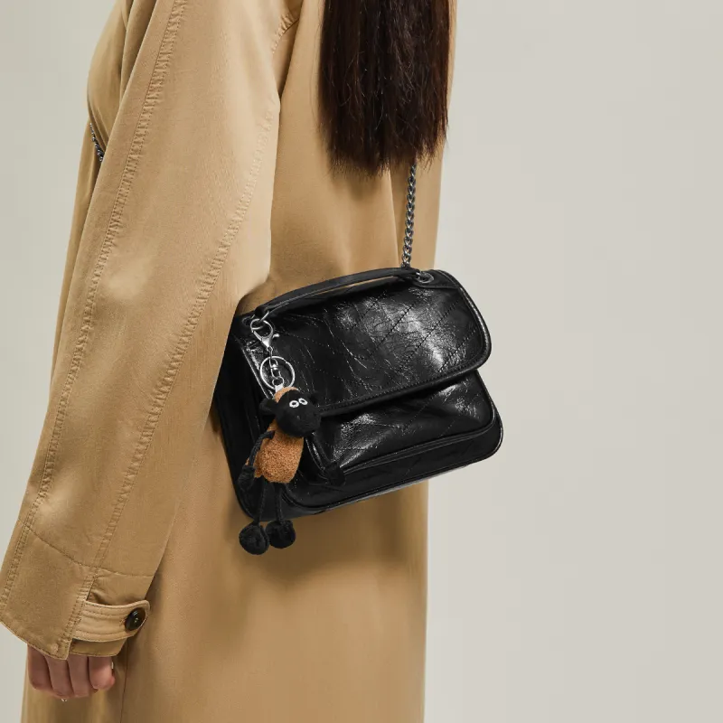 15 MINS Cow Leather Bonded Synthetic Leather Messenger Bag Shoulder Bag Regular Women's Midnight Black-3