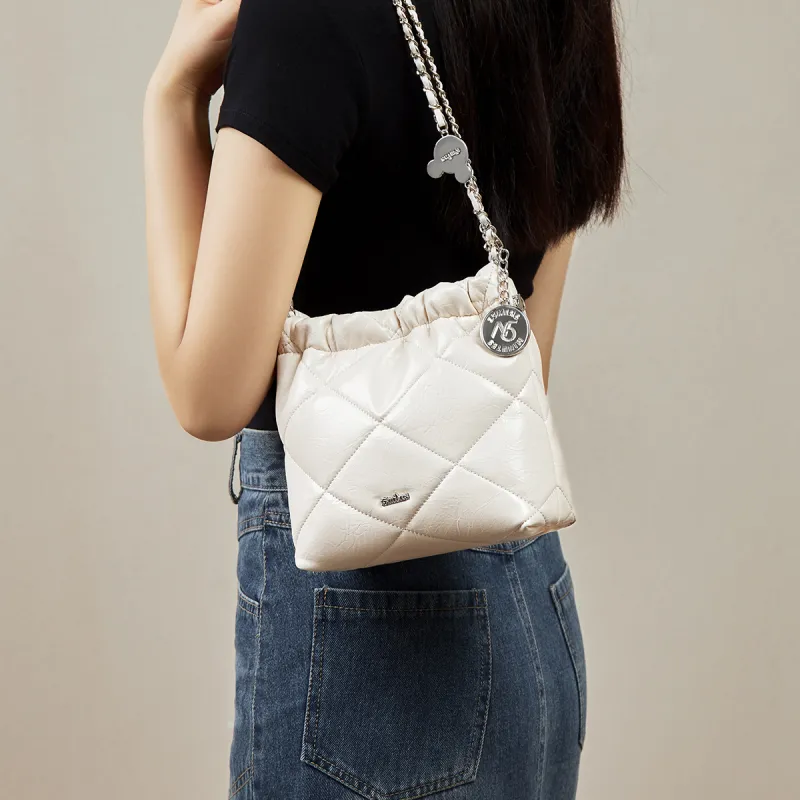 15 MINS Synthetic Leather Bucket Bag Chain Shoulder Bag Regular Women's Space Silver/Ecru/Midnight Black-5