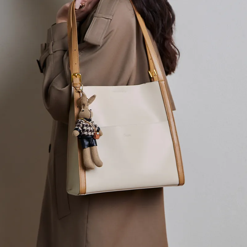 15 MINS Cow Leather Shoulder Bag Tote Bag Pack Large Size Women's Ecru & Apricot-2