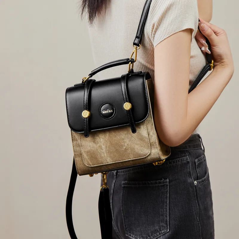 15 MINS Synthetic Leather Backpack Women's Khaki & Black/Beige White & Apricot-2
