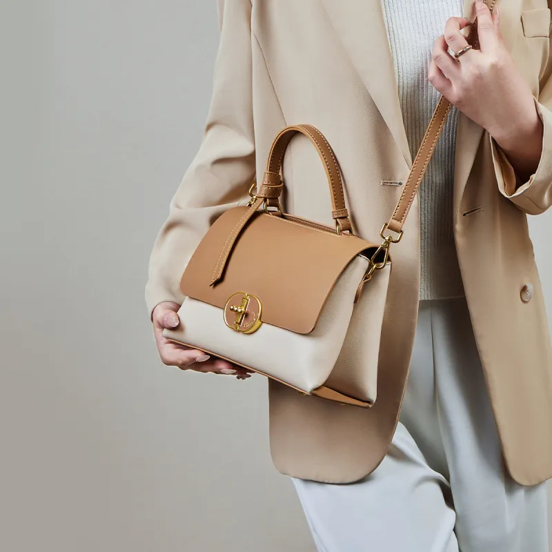 15 MINS Cow Leather Handbag Women's Ecru & Apricot/Coffee-3
