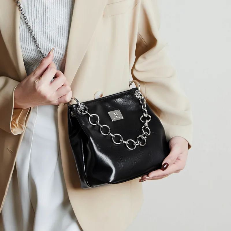 15 MINS Cow Leather Handbag Shoulder Bag Crossbody Bag Small Size Women's Midnight Black/Silver-2