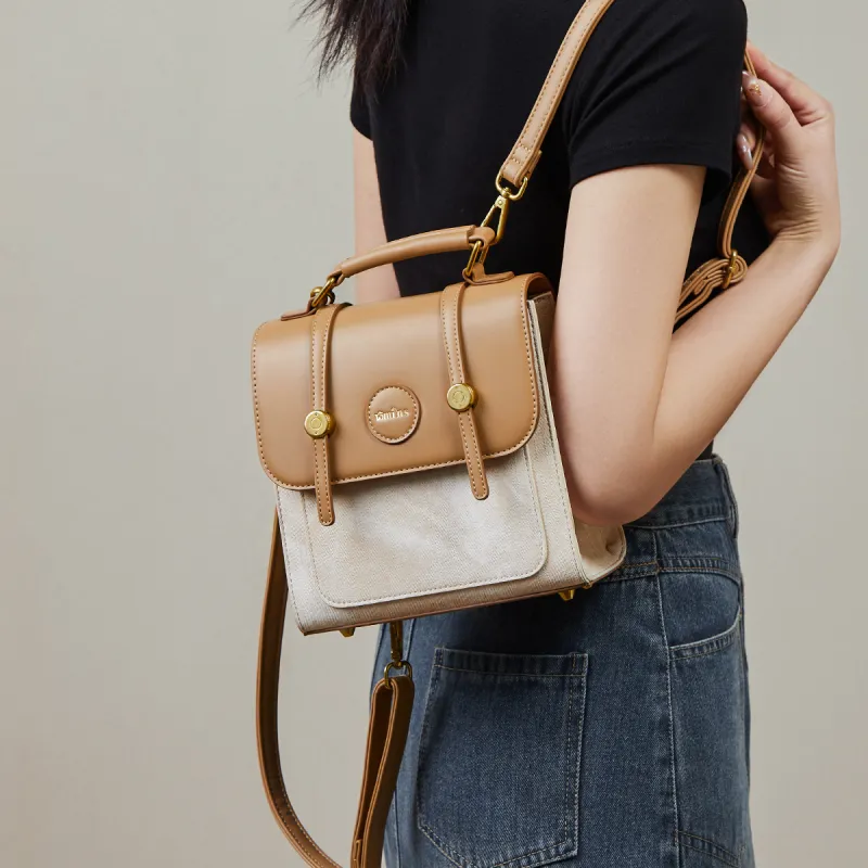 15 MINS Synthetic Leather Backpack Women's Khaki & Black/Beige White & Apricot-6