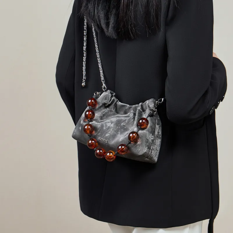 15 MINS Cow Leather Cloud Bag, Shoulder Bag, Crossbody Bag Trumpets Women's Graphite Black/Milkshake White/Olive Green-9