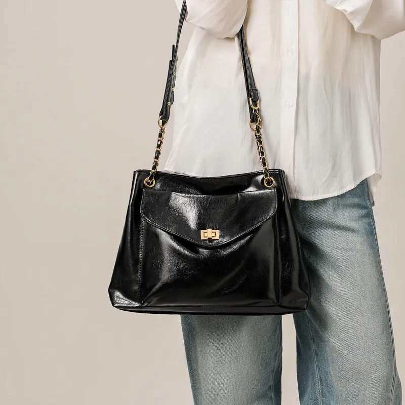 15 MINS Synthetic Leather Shoulder Bag Large Size Women's Green/Black/Brown/Ecru-5