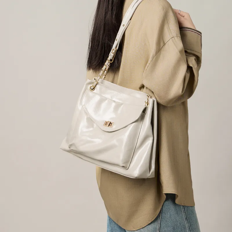 15 MINS Synthetic Leather Shoulder Bag Large Size Women's Green/Black/Brown/Ecru-12