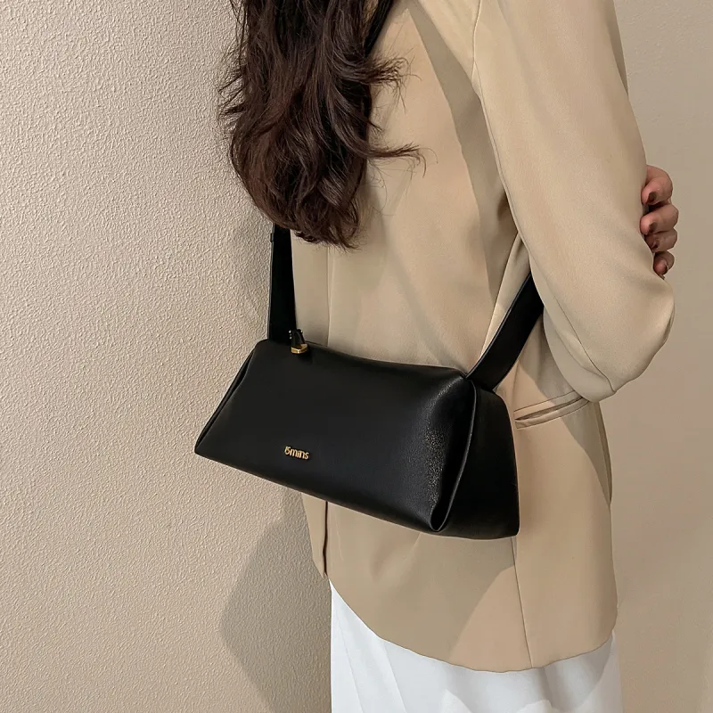 15 MINS Split Leather Cowhide Shoulder Bag Baguette Bag Shoulder Bag Women's Black/Cocoa Brown-2