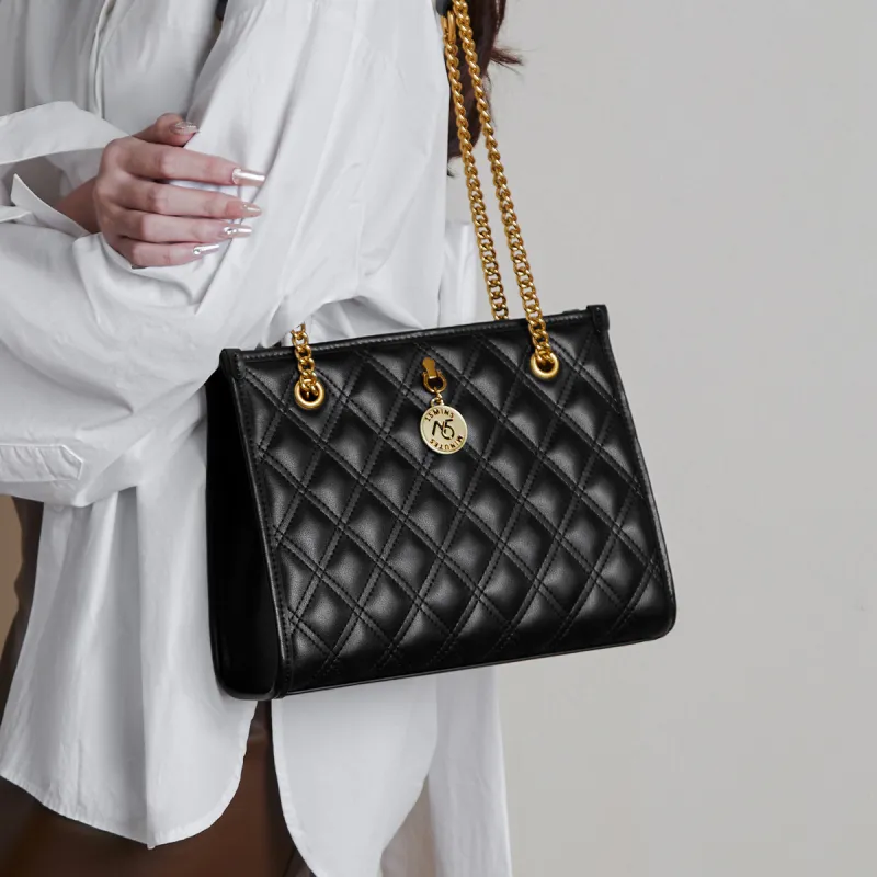 15 MINS Cow Leather Crossbody Bags Shoulder Bags Medium Size Women's Midnight Black/Ecru-2