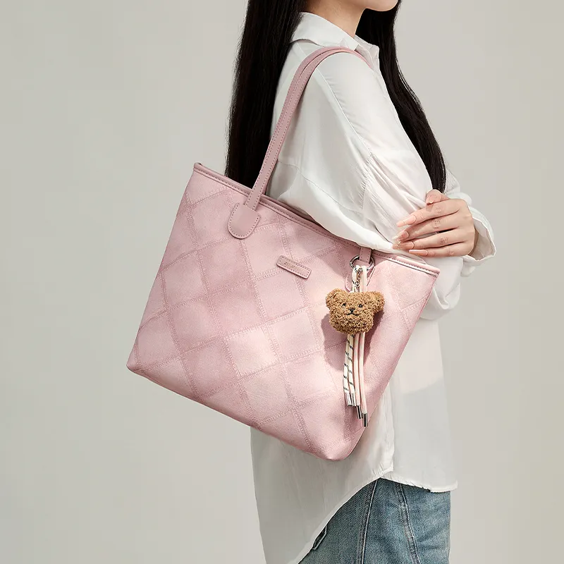 15 MINS Synthetic Leather Tote Bag, Shopping Bag, Shoulder Bag Large Size Women's Pink-3