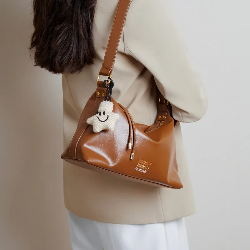 15 MINS Synthetic Leather Shoulder Bag Crossbody Bag Medium Size Women's Macaron Beige/Midnight Black/Ecru-1