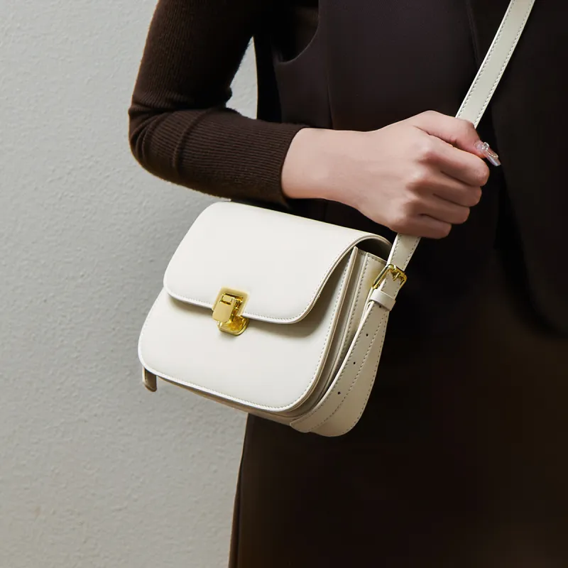 15 MINS Cow Leather Tofu Bag Small Square Bag Shoulder Bag Crossbody Bag Small Size Women's Coffee/Ecru-7