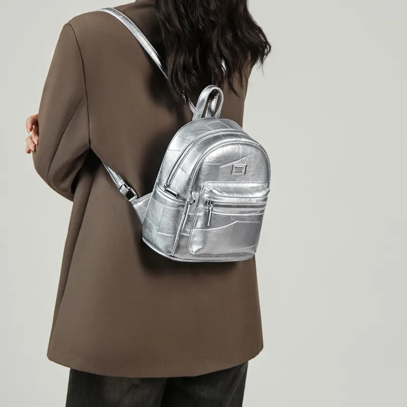 15 MINS Synthetic Leather Laptop Bag Backpack Medium Size Women's Silver/Brown/Black-1