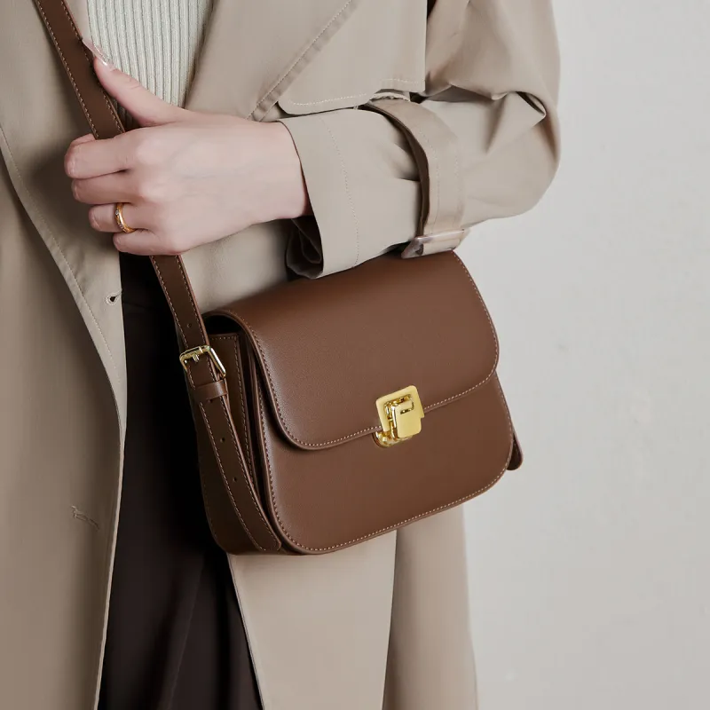 15 MINS Cow Leather Tofu Bag Small Square Bag Shoulder Bag Crossbody Bag Small Size Women's Coffee/Ecru-2
