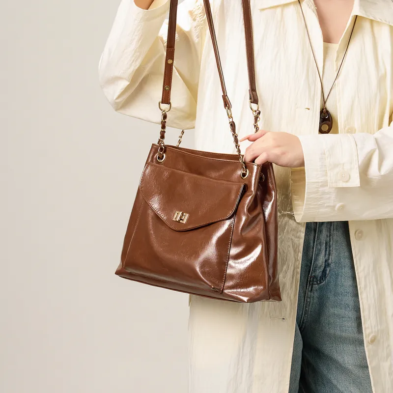15 MINS Synthetic Leather Shoulder Bag Large Size Women's Green/Black/Brown/Ecru-9