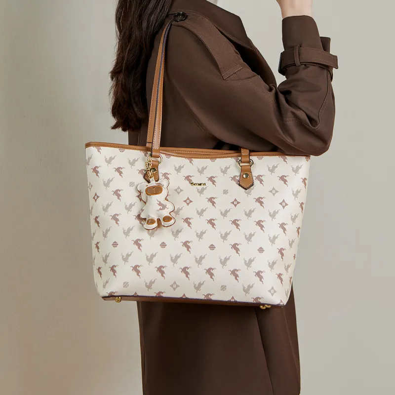 15 MINS PVC Shopping Bag Shoulder Bag Large Size Women's Coffee/Ecru & Brown-3