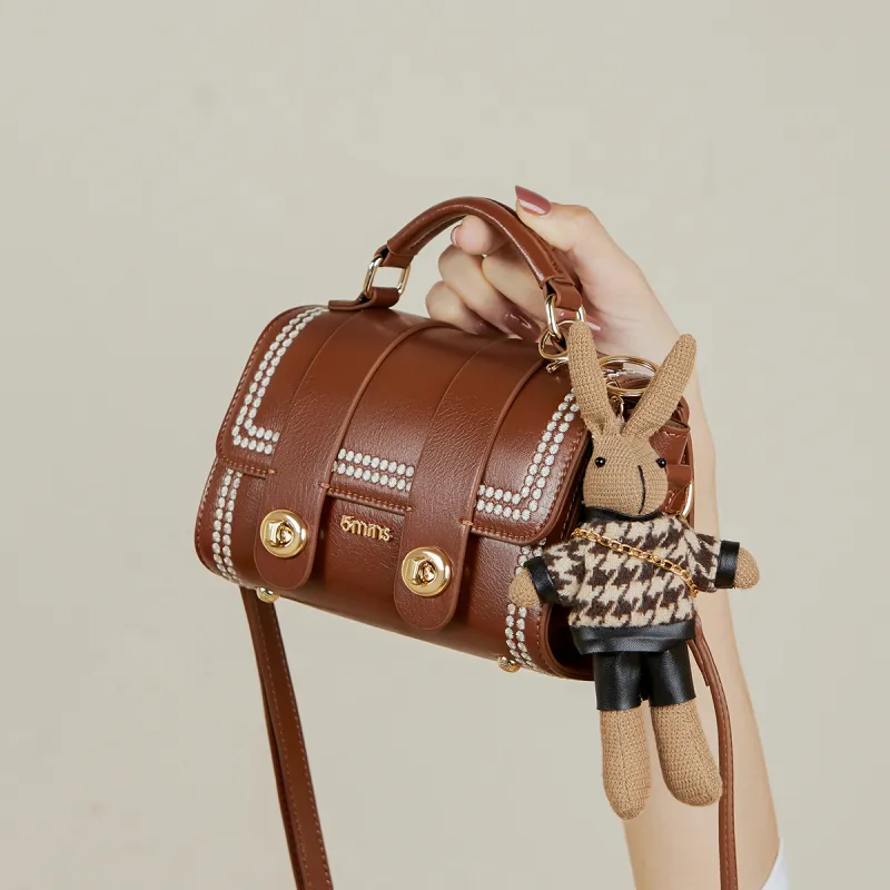 15 MINS Cow Leather Crossbody Bag Handbag Shoulder Bag Small Size Women's Caramel Brown/Night Black-4