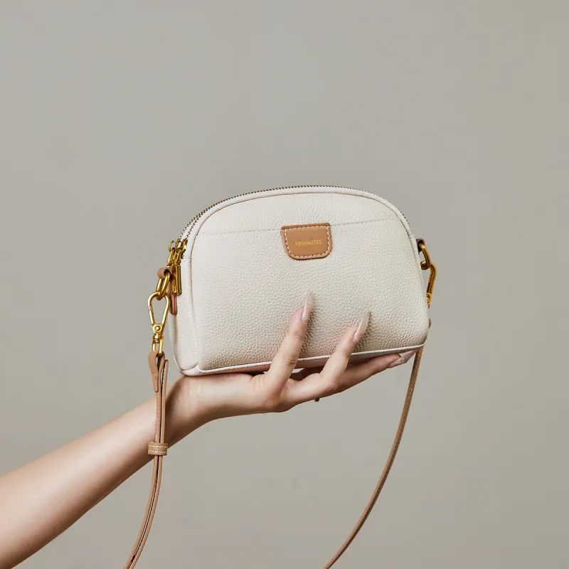 15 MINS Cow Leather Cell Phone Pouch Small Square Bag Crossbody Bag Shoulder Bag Regular Women's Ecru & Apricot-1