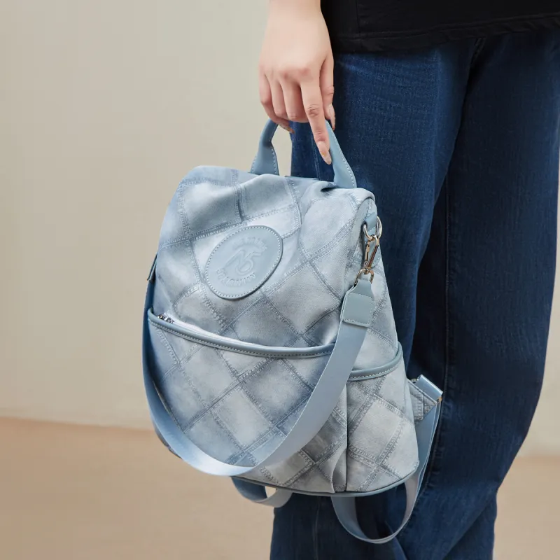 15 MINS Synthetic Leather Backpack Large Size Women's Dusty Pink/Denim Blue-8