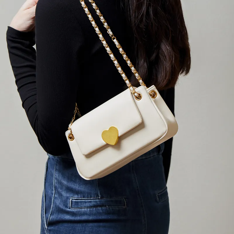 15 MINS Cow Leather Heart Shaped Shoulder Bag Crossbody Bag Small Size Women's Ecru/Midnight Black/Caramel Brown-3