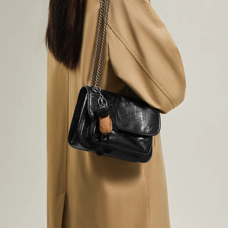 15 MINS Cow Leather Bonded Synthetic Leather Messenger Bag Shoulder Bag Regular Women's Midnight Black-1