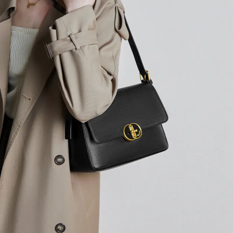 15 MINS Synthetic Leather With Cow Leather Shoulder Bag, Crossbody Bag Small Size Women's Black-4
