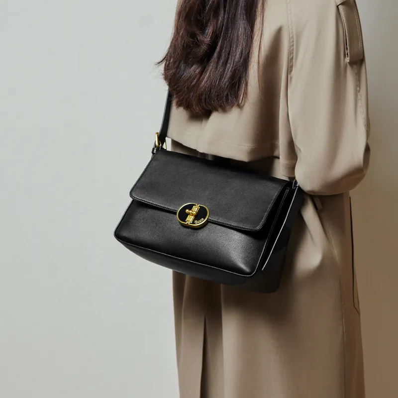 15 MINS Synthetic Leather With Cow Leather Shoulder Bag, Crossbody Bag Small Size Women's Black-3