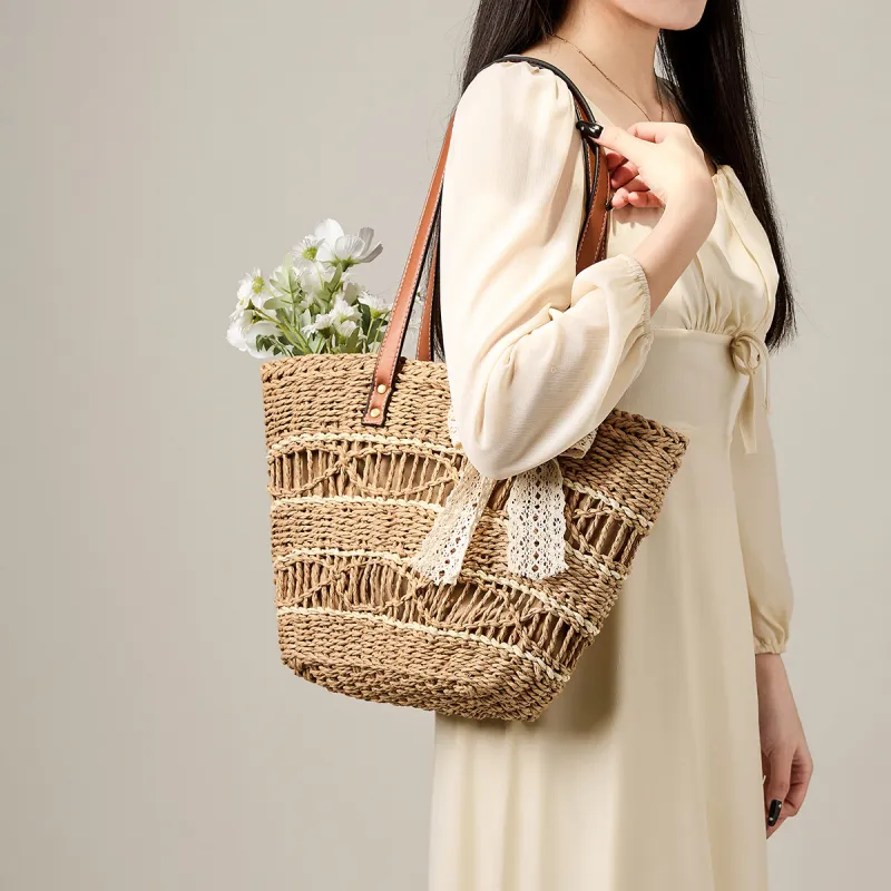 15 MINS Synthetic Leather Tote Bag, Shoulder Bag, Shopping Bag Women's Ecru/Khaki-6