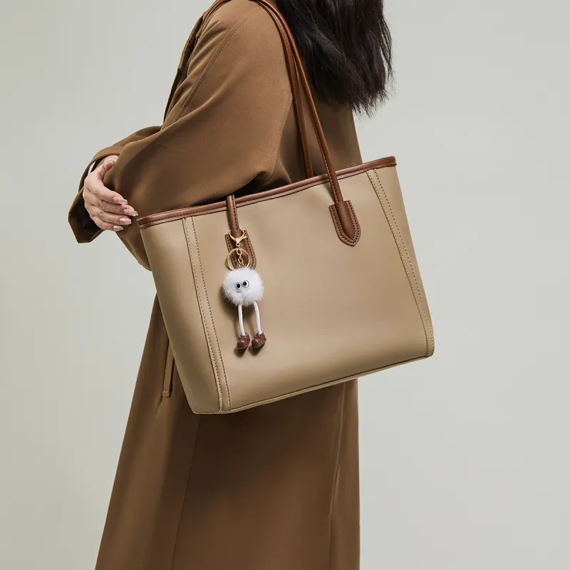 15 MINS Synthetic Leather Shoulder Bag Large Size Women's Khaki/Brown-2